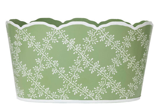 Green & White Trellis Scalloped Planter